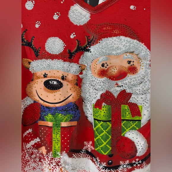 Onque Casual Santa and Reindeer Christmas Top w/ Sparkling Embellishments - Picture 9 of 15